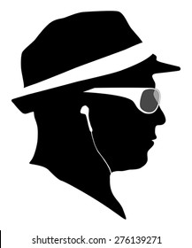 Man with cap and sunglass silhouettes with ear-phones listening to music.
