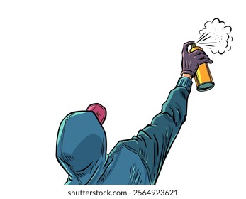 A man in a cap and a sweater sprays a can of paint. The appearance of advantageous offers, discounts and promotions, sales. Advertising of small prices for customers. Pop Art Retro Vector Illustration