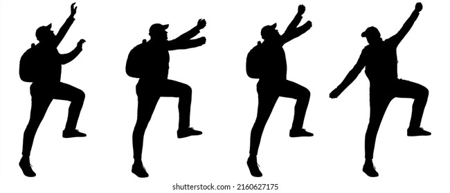 A man in a cap, in a tracksuit, and with a backpack on his back. The character is suitable for motion animation. Rescuer. The rescue. Four black male silhouettes are isolated on white background