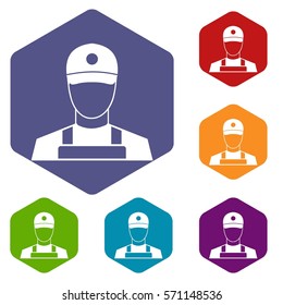 A man in a cap and uniform icons set rhombus in different colors isolated on white background