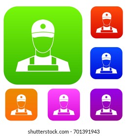 A man in a cap and uniform set icon in different colors isolated vector illustration. Premium collection