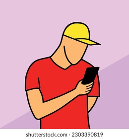 Hombre en gorra usando dibujos animados de teléfonos móviles ilustración vectorial fondo colorido