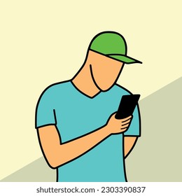 Man in cap using mobile phone cartoon vector illustration colorful background