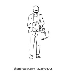 man in cap using smartphone with his bag illustration vector hand drawn isolated on white background line art.