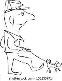 Man in a cap walking a dog on a leash  (vector illustration)