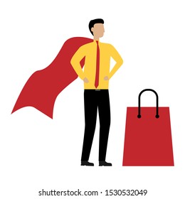 The man in the Cape of a super hero with a bag. Shopping Bag 