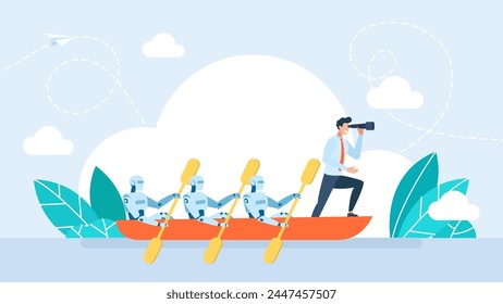 A man is the captain of a team of robots. Human businessman cooperation with robots concept. Global business automatization and artificial intelligence assistance. Vector illustration.