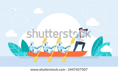 A man is the captain of a team of robots. Human businessman cooperation with robots concept. Global business automatization and artificial intelligence assistance. Vector illustration.