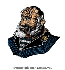 Man, captain with white beard and pipe engraving style. Vintage engraving, woodcut style. 