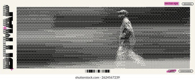 A man is captured mid-motion, walking through a digital landscape characterized by pixel art and dada influences. The design reflects a fusion of contemporary and retro styles.