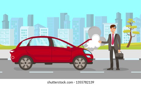 Man In Car Accident Vector Cartoon Illustration. Auto With Open Hood. Confused Man With Briefcase Standing Near Automobile Cartoon Character. Road Service, Auto Repair. Need Help On Road