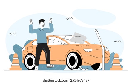 Man with car accident. Young angry guy looks at broken transport. Damaged auto and vehicle at city street. Bad driver on road. Linear vector illustration isolated on white background