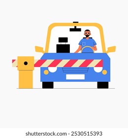 Hombre en el coche que se acerca a la barrera del peaje en la Ilustración vectorial plana que simboliza las carreteras de peaje, las Tarifas de viaje, y los sistemas de pago automatizados, aislados en el fondo blanco.