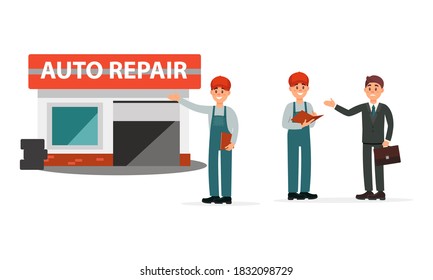 Man Car or Auto Mechanic Talking with Customer Near Garage Vector Illustration Set