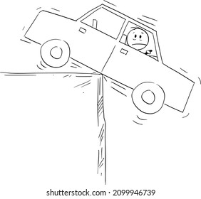 Man in car balancing on the edge,financial concept of risk, debt and loan, vector cartoon stick figure or character illustration.