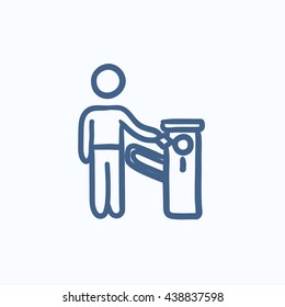 Hombre en el icono de dibujo vectorial de barrera del coche aislado en el fondo. Hombre dibujado mano en el icono de la barrera del coche. Hombre en el icono de boceto de barrera del coche para infografía, sitio web o aplicación.