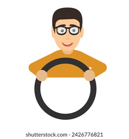 Man is a car driver. Man with a car steering wheel, vector illustration