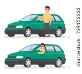 Man and car. A happy buyer of a new vehicle. Vector illustration in a flat style