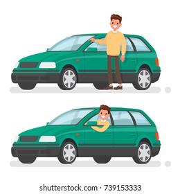 Man and car. A happy buyer of a new vehicle. Vector illustration in a flat style