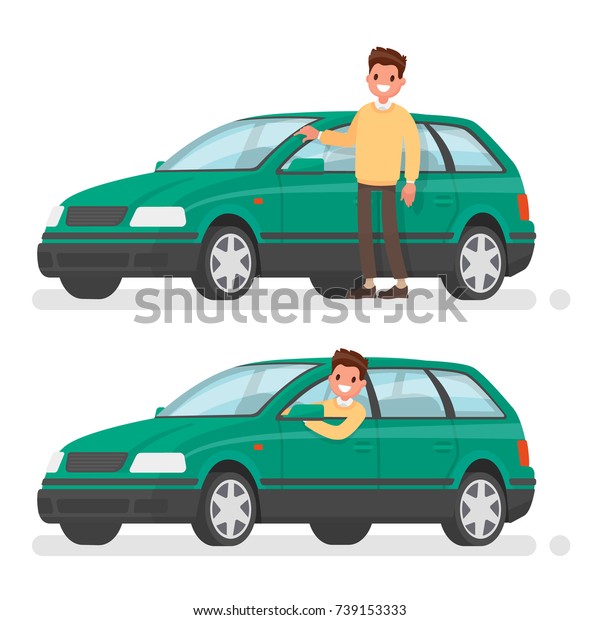 Man and car. A happy buyer of a new vehicle.
Vector illustration in a flat
style