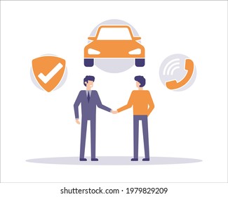 Man And Car Insurance Broker Or Car Salesman Shaking Hands. Vector Illustration Concept . Broker Insurance. 
Deal With Lender. Buy A Car.
