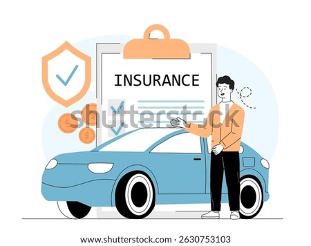 Man with car insurance. Young guy near automobile and document. Financial deals and agreements. Protection of transport and private property. Linear vector illustration