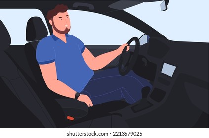 A man in the car interior. Modern comfortable car interior with dashboard and driver seats. Vector illustration