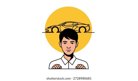 Man and car. Line drawing of a man with a car hovering above him against a yellow circle