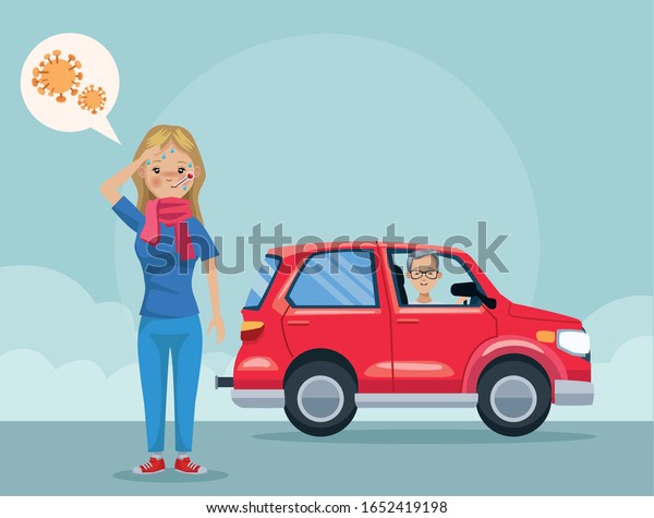 man in car polluting and girl sick scene vector\
illustration design