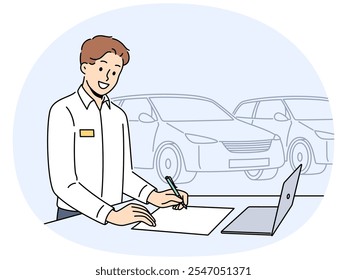 Man car salesman stands in showroom near vehicles and fills out contract for sale of sedan. Successful guy works as sales agent in car dealership, helping people get automobiles at bargain price.