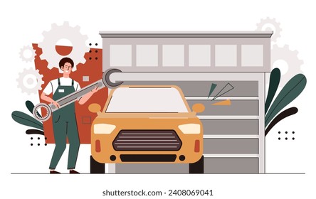 Man in car service concept. Young guy with wrench near yellow automobile. Repairman in uniform with vehicle. Tunning and modernization. Cartoon flat vector illustration isolated on white background