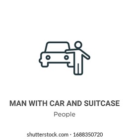 Man with car and suitcase outline vector icon. Thin line black man with car and suitcase icon, flat vector simple element illustration from editable people concept isolated stroke on white background