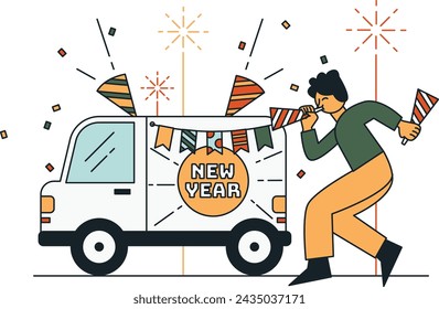 Man and car using party decorations