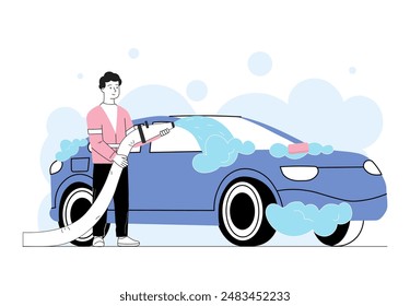 Man with car wash. Guy sprays water on vehicle with hose. Cleanliness of auto. Person with self service carwash. Transport and automobile. Linear vector illustration isolated on white background