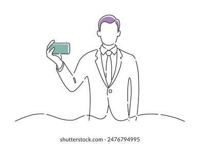 
Man with card, doodle line art flat vector illustration