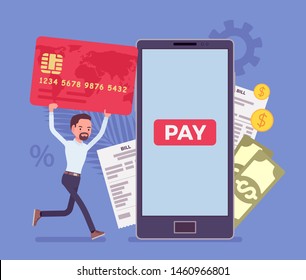 Man with a card making digital bill and mobile payment. Male consumer, businessman paying for online goods, products, support, service, content via smartphone. Vector flat style cartoon illustration