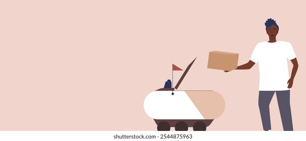 Hombre con caja de cartón y robot de entrega, ilustración de stock de Vector plano o Plantilla de espacio de copia