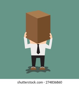 Man with cardboard box on his head. flat design vector illustration.