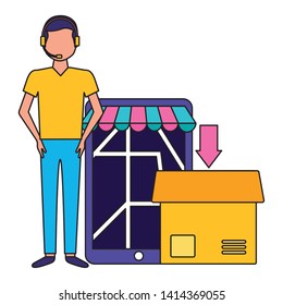 man cardboard box smartphone map location fast delivery vector illustration