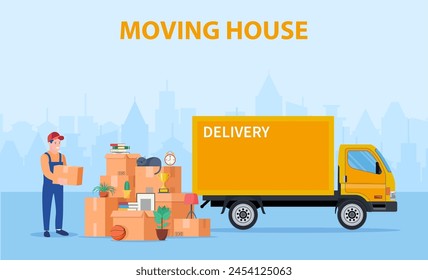 Man with cardboard boxes. Delivery service concept. moving house. Pile cardboard boxes with truck on cityscape background. Relocate to new home or office. Vector illustration in flat style