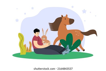 Man Care of Animals Template. Happy man Character Playing and Feeding Cute Little Rabbits and horse in Contact Zoo Park. Excursion to Ranch or Village Farmyard Leisure. Cartoon Vector Illustration EPS
