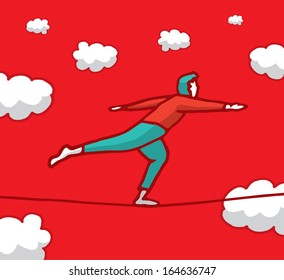 Man carefully balancing on a string sky high