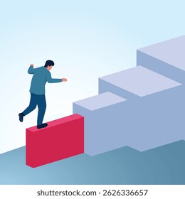 A man carefully climbs a narrow path that then widens. A metaphorical illustration of the first step, starting out and the starting line in business.