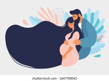 The man carefully embraced the pregnant woman. Husband and wife are expecting a baby, young parents, family support. Flat vector illustration isolated on white background