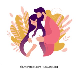 The man carefully embraced the pregnant woman. Husband and wife are expecting a baby, young parents, family support. Flat vector illustration isolated on white background