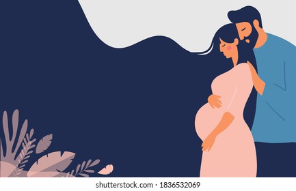 The man carefully embraced the pregnant woman. Husband and wife are expecting a baby, young parents, family support. Flat vector illustration isolated on white background