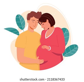 The man carefully embraced the pregnant woman. Husband and wife are expecting a baby, young parents, family support. Healthcare, pregnancy. Flat vector illustration isolated on white background.