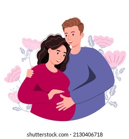 The man carefully embraced the pregnant woman. Husband and wife are expecting a baby, young parents, family support.Flat vector illustration isolated on white background