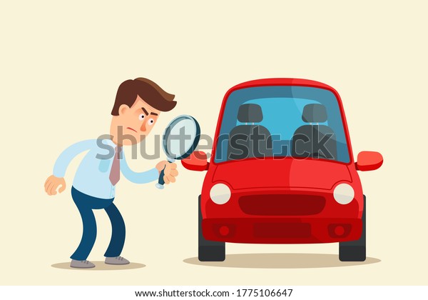 A man\
carefully examines a car through a magnifying glass. A man buys a\
car. Checking the auto after repair. Vector illustration, flat\
design, cartoon style, isolated\
background.