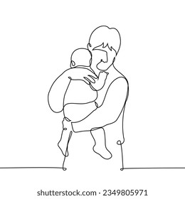 man carefully hugs a baby - one line art vector. the concept single father, young father, older brother, father's day